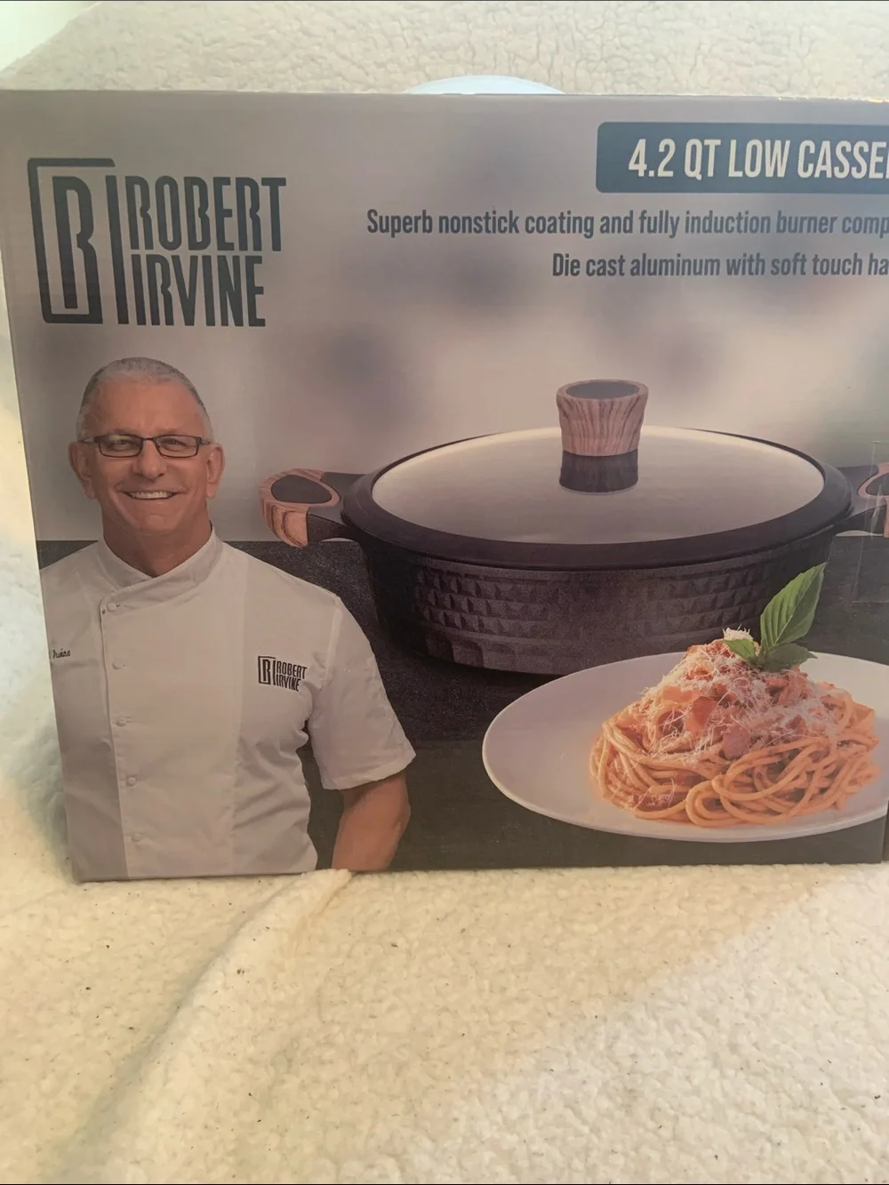 Robert Irvine Black Casserole with Wood-Tone Knob and Accents